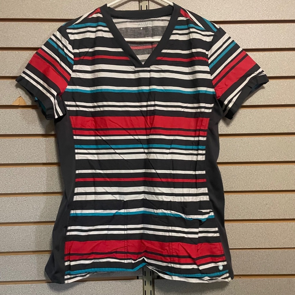 Allure White Cross Women Scrub Top Large Striped V-Neck 7 Red Teal Black Medical